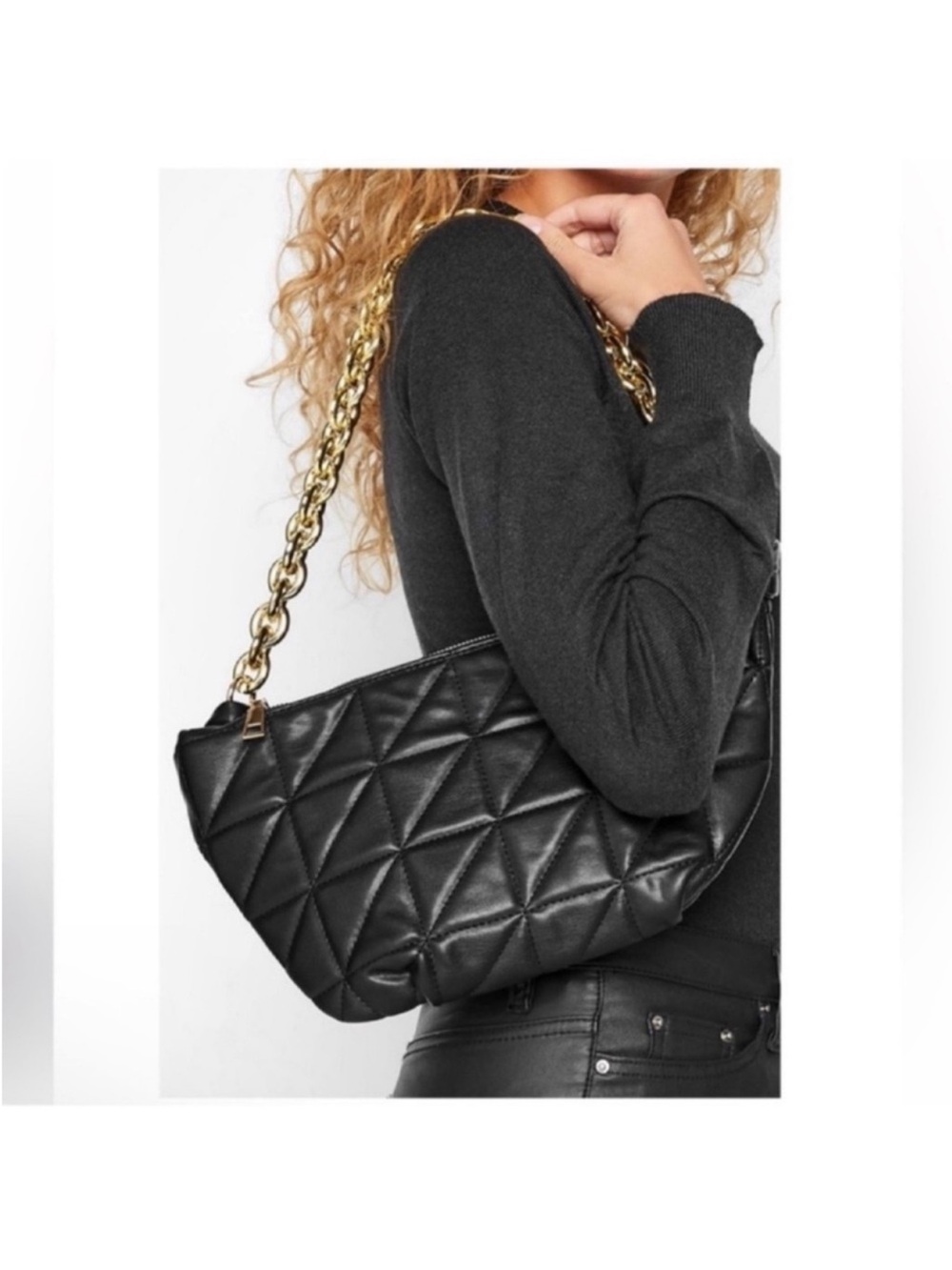 Black Quilted Faux Leather Half Moon Gold Chunky Chain Shoulder Bag/Purse
